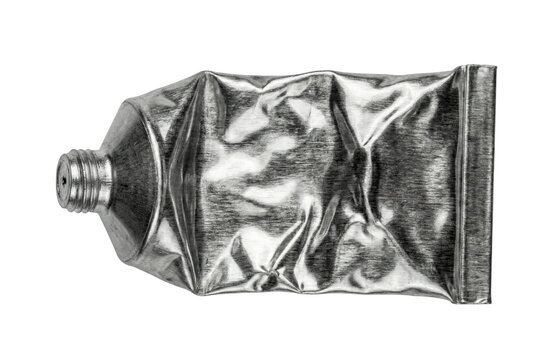 Squeezed silver metal paint tube isolated. Aluminum packaging container.