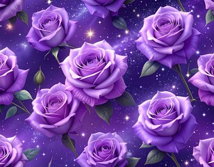 Seamless floral pattern of purple roses against a starry nebula