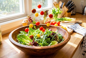 Fresh Mixed Greens Salad in Wooden Bowl near Window