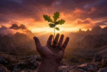 Dirty hand holding small green oak sapling with roots against dramatic mountain sunset sky