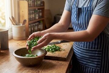 Cook in blue striped apron placing fresh chopped basil leaves into rustic bowl on wooden counter