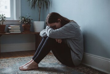 Sad young woman sitting alone on floor hugging knees in blue room feeling depressed and lonely