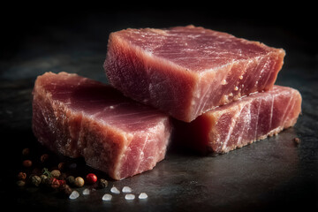 Fototapeta premium Raw beef steak pieces with salt and pepper on a dark background. Fresh meat, protein food, butcher shop concept, keto diet, paleo nutrition, premium cooking ingredients, copy space