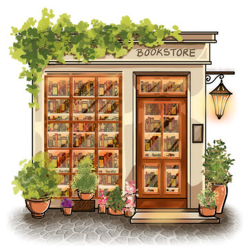  A cozy bookshop facade featuring large windows, book displays, and signage.
Ideal for themes of education, reading, literature, small business, bookstore branding, publishing, library concept