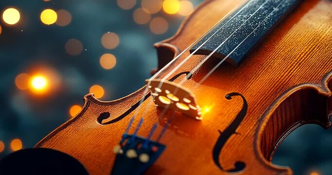 Close-up of a violin with glowing strings at night (1)