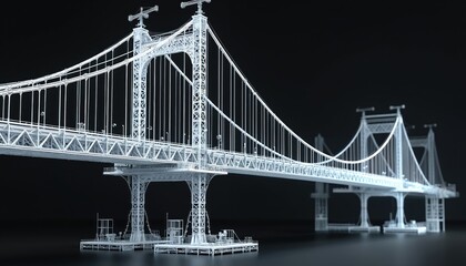Wireframe model of suspension bridge construction. Shows intricate details of support towers cables, roadway structure. Digital render emphasizes engineering design, structural planning for future