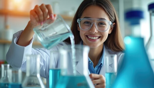 Young woman scientist smiles pouring blue liquid from beaker into flask. She wears safety goggles and lab coat during experiment. Research in science lab. - Powered by Adobe
