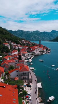 Perast Town aerial view in Kotor Bay in Montenegro