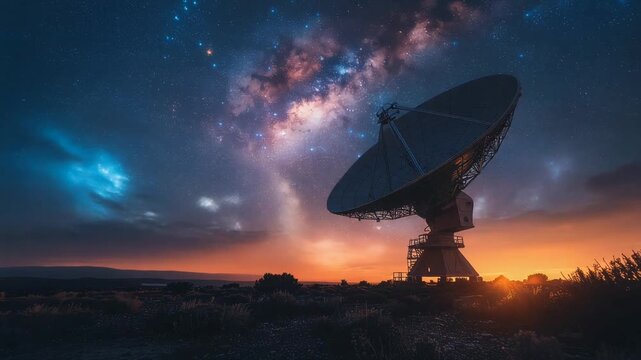 A large radio telescope dish silhouetted against a vibrant twilight sky with the Milky Way galaxy and distant stars.