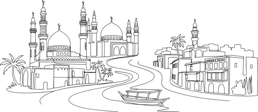 Baghdad city skyline continuous black single line art illustration isolated