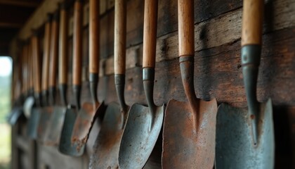 Row of old shovels with wooden handles hanging on weathered barn wall. Rustic farm tools show age and wear. Rural history scene displays gardening and digging implements.