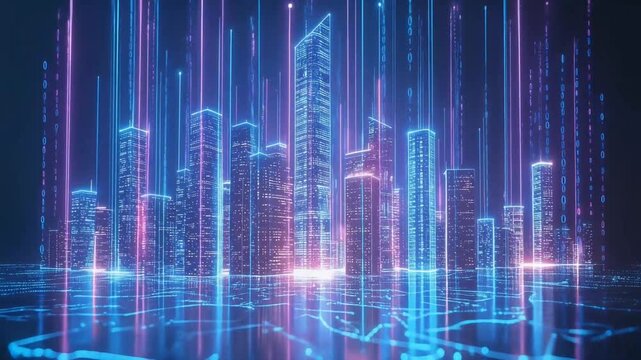 A futuristic digital cityscape with glowing blue and pink data lines connecting buildings, representing advanced technology and smart urban infrastructure.