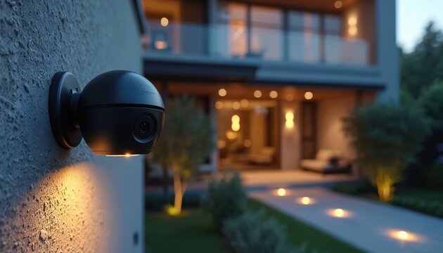 Modern home security camera mounted on exterior wall at night. Surveillance device watches property yard with outdoor pathway lights illuminating rich green landscaping.