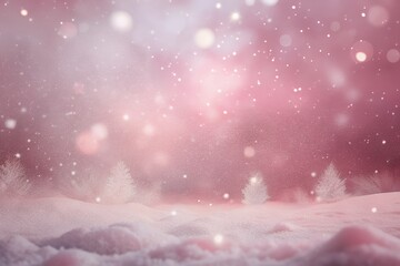 Magical pink winter wonderland with snowflakes and trees in soft focus