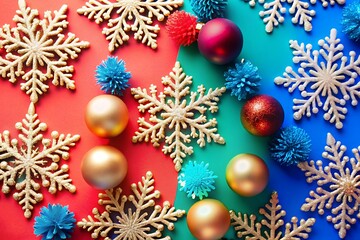 Vibrant Christmas decorations with gold snowflakes and ornaments on red, green, blue background