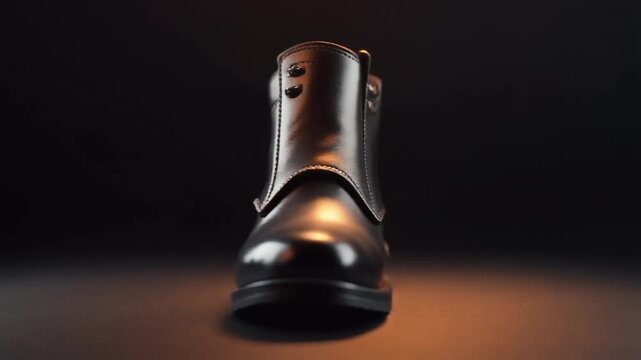 rotating shot of knee high polished black boot under warm studio light in the dark