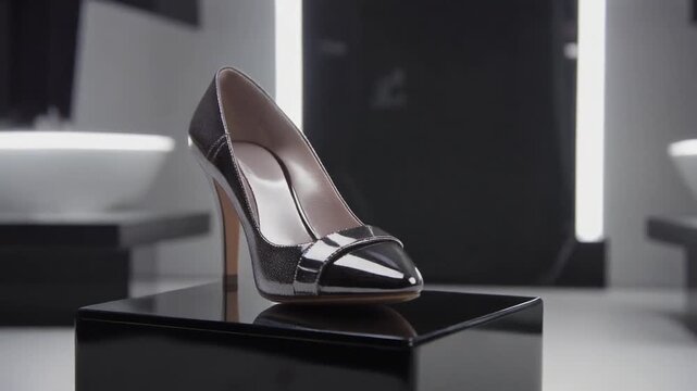rotating shot of premium polished high heels shoe on glossy black pedestal
