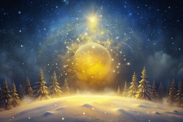 Magical winter night with snowy trees and glowing moon in starry sky