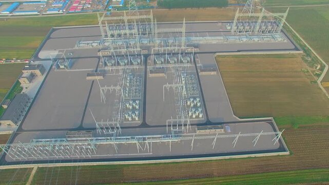 High Voltage Electrical Substation Aerial View with Transmission Towers