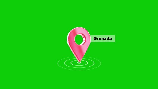 Grenada 3D Location Pin Map Marker Animation on Green Screen. Ideal for navigation videos, GPS tracking, maps, location services, travel projects, and motion graphics with chroma key use.