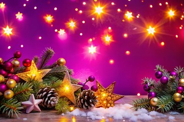 Magical Christmas scene with sparkling stars and ornaments on snowy pine branches