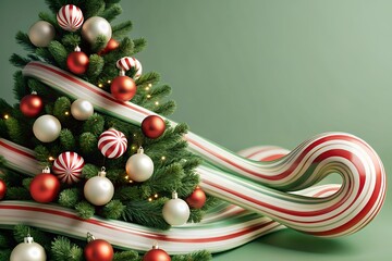 Festive Christmas tree decorated with red and white ornaments and candy cane ribbon on green background
