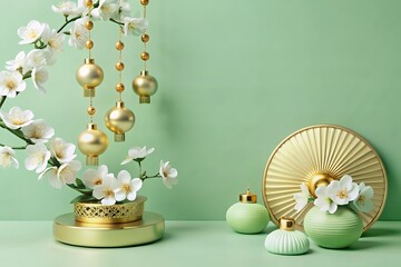 Elegant gold and green decor with cherry blossoms and ornaments