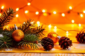 Cozy Christmas scene with pinecones, ornaments, and warm string lights on wooden table