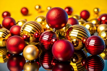 Vibrant red and gold Christmas ornaments on yellow background for holiday decoration