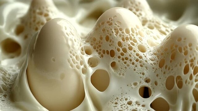 Close-up of eggs nestled in frothy cream texture
