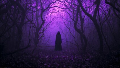 Mysterious hooded figure standing in a dark forest filled with purple fog and twisted bare trees, spooky fantasy concept