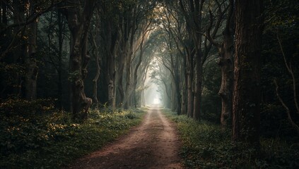Scenic dirt road winding through an avenue of tall ancient trees with sunlight rays streaming through the canopy at the end