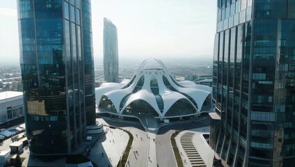 Modern futuristic building with glass towers