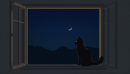 Minimalist illustration of a black cat silhouette sitting on a windowsill gazing at the mountains and crescent moon at night
