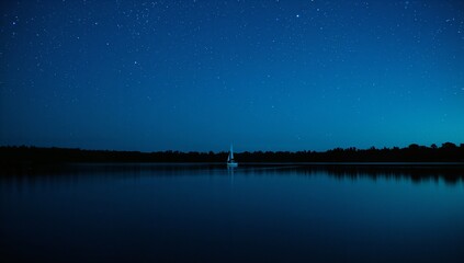 Tranquil Evening Scene with a Small Sailboat Resting on Still Water Under a Vast Starry Sky