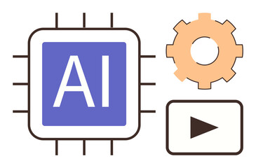 AI chip, gear, and play button visualizing artificial intelligence, automation, robotics, video content creation, tech innovation. Ideal for machine learning, software digital tools simple flat
