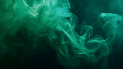 Vibrant emerald green smoke gracefully unfurls and swirls against a deep, dark backdrop, creating an abstract and mysterious visual texture with an ethereal flow