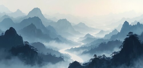 Misty mountain range with winding river. Serene landscape painting in traditional Chinese ink wash style. Foggy peaks and valleys create depth and atmosphere. Nature scene in blue hues.