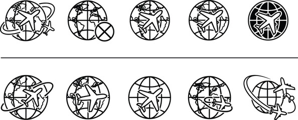 Set of Global Aviation Line Icons Featuring Airplanes and Earth Globes for International Travel Logistics Worldwide Flight Routes and Tourism Branding (22 words) © Ajmira