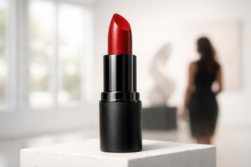 Elegant Red Lipstick Tube on White Pedestal with Woman in Background