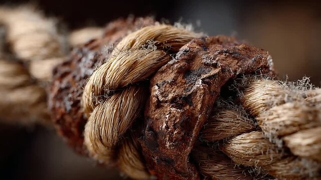 Close-up of a weathered rope with rusted metal detail