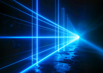 青いネオンの光が続く未来的デジタルトンネル背景