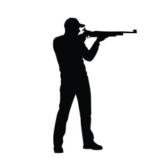 Obraz premium A man in silhouette aims a rifle against a clean white background with a cartoon style, conveying a sense of action and focus.