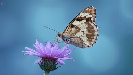 Close-up of a marbled white butterfly perched on a delicate purple wildflower against a soft blue blurred background, nature macro photography