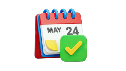 3D calendar icon with checkmark and May 24 date on transparent background