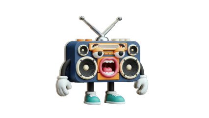3D Cartoon Boombox Character with Arms, Legs, and Face on transparent background