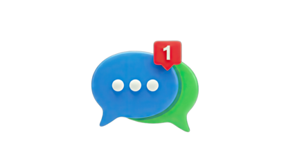 3D Chat bubble notification icon with one new message on transparent background