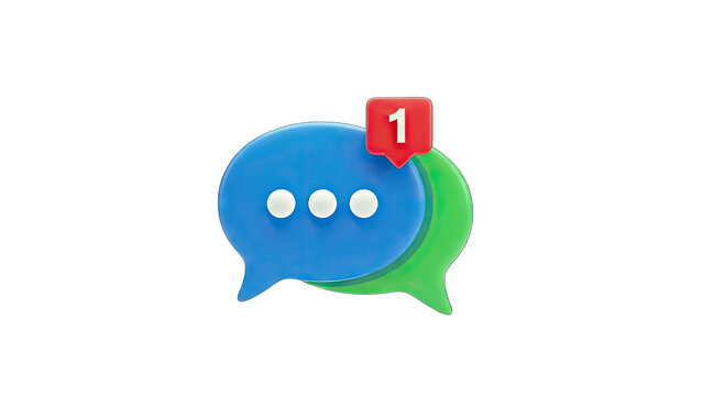 3D Chat bubble notification icon with one new message on transparent background - Powered by Adobe