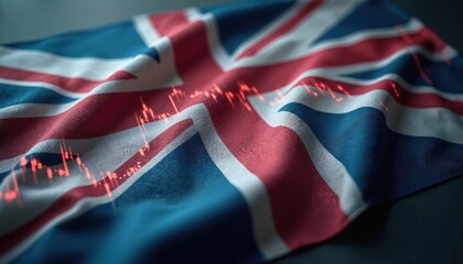 Waving Union Jack flag with red stock market chart overlay. Financial data graphic shows economy trend. Global market changes impact UK business.