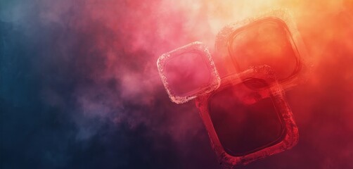 Abstract background with textured painterly effect. Blend of warm cool colors creates depth and movement. Three rounded squares float in colorful smoky mist. Gradient light glows from upper right.